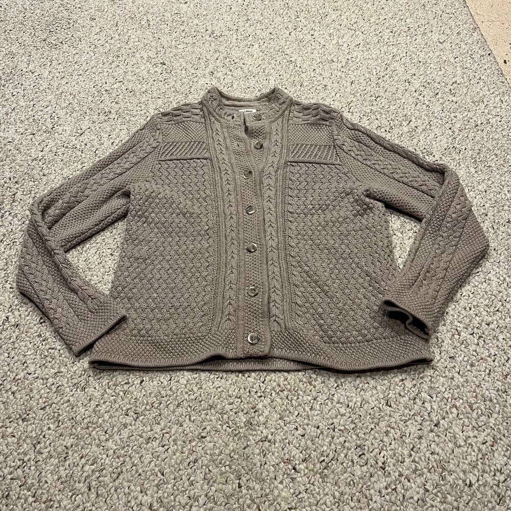 LL Bean Cotton Fisherman Cardigan Sweater L Cable Knit Preppy Classic Casual